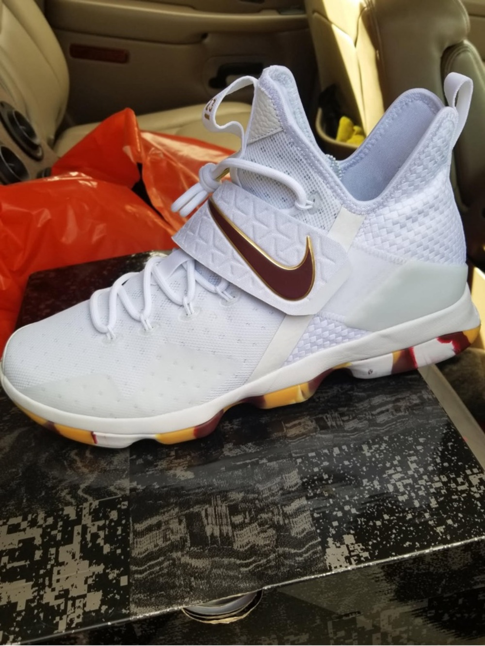 Lebron Nike White Basketball Shoes with Maroon/Gold Swoosh